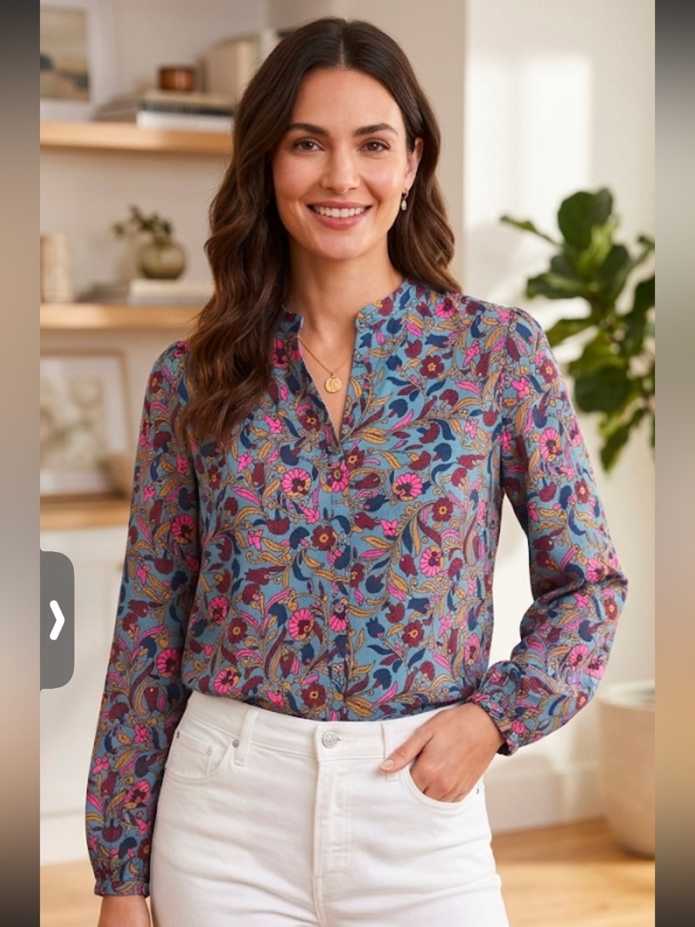 Boden Floral Button-Front Blouse in Blue with Pink & Mustard Accents NWOT